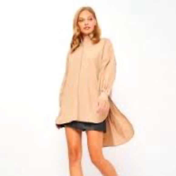 Zara Tan Oversized cotton Poplin button down Shirt Tunic Dress NWOT S - Picture 1 of 15